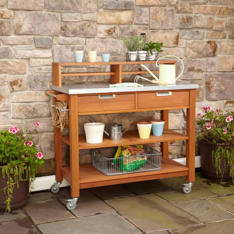 Potting bench with wheels